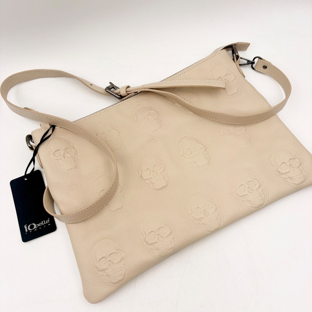 IoPelle Italia Beige Leather Embossed Skull Crossbody Bag Mousse Latte